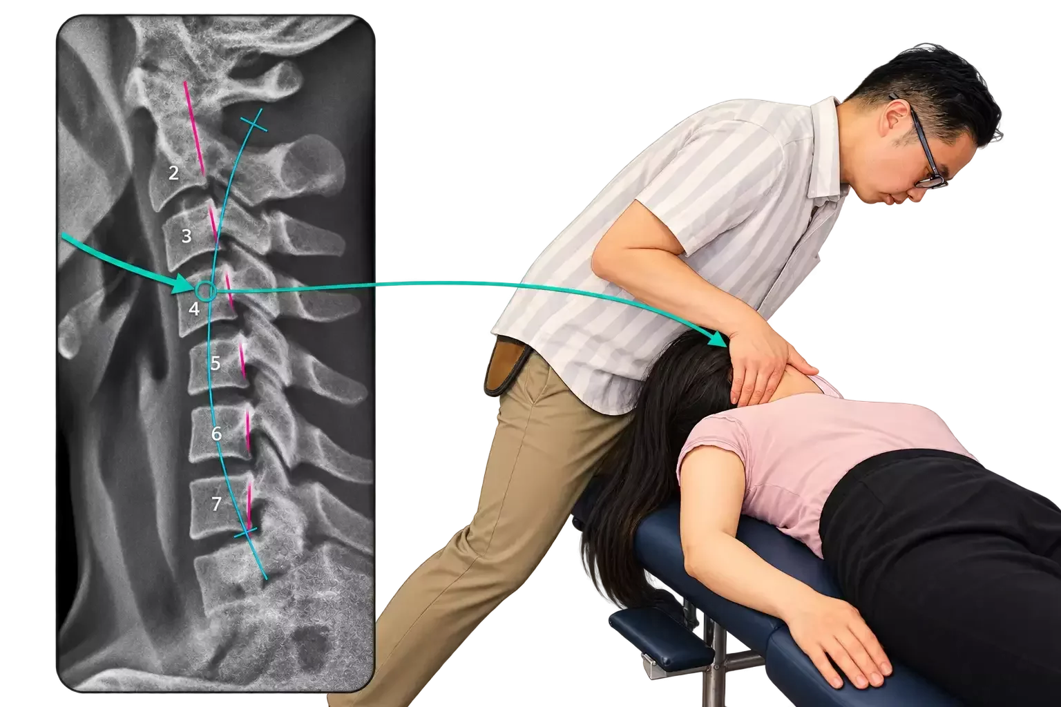 Cervical X-ray with alignment overlays linked by an arrow to an illustration of Dr. Leo Quan performing a neck adjustment on a patient.