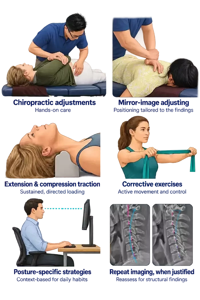 Six structural care strategies: chiropractic adjustments, mirror-image adjusting, extension and compression traction, corrective exercises, posture-specific strategies, and repeat imaging when justified.