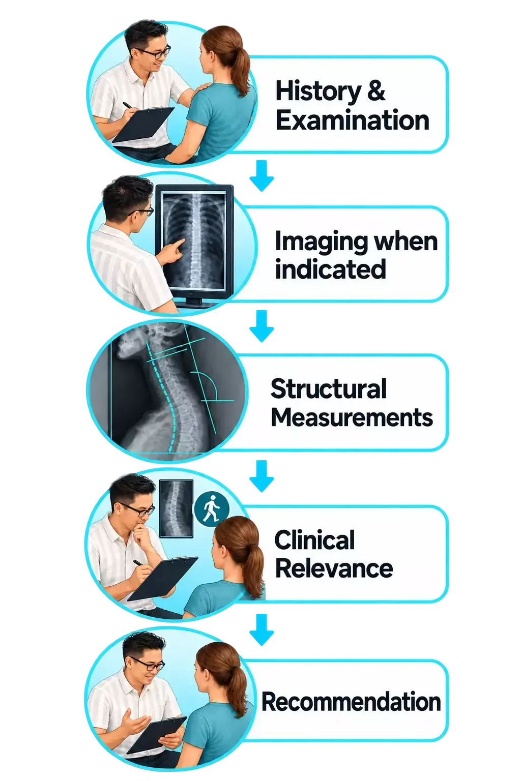 Chiropractic assessment flow: history and examination, imaging when indicated, structural measurements, clinical relevance, and individualized recommendation.