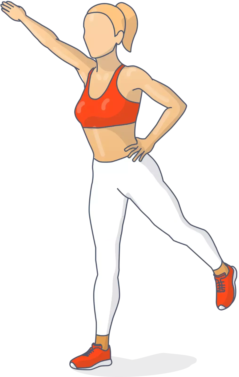 Illustration of a woman performing a standing cross-crawl exercise, raising one arm diagonally while extending the opposite leg backward.