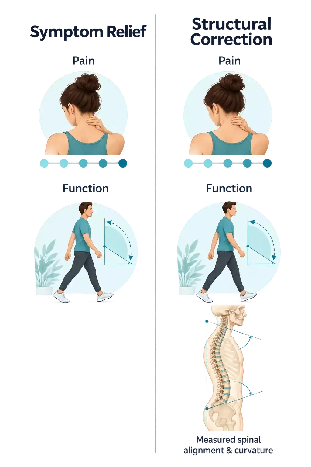 Comparison of symptom relief and structural correction, both tracking pain and function, with structural correction also measuring spinal alignment and curvature.