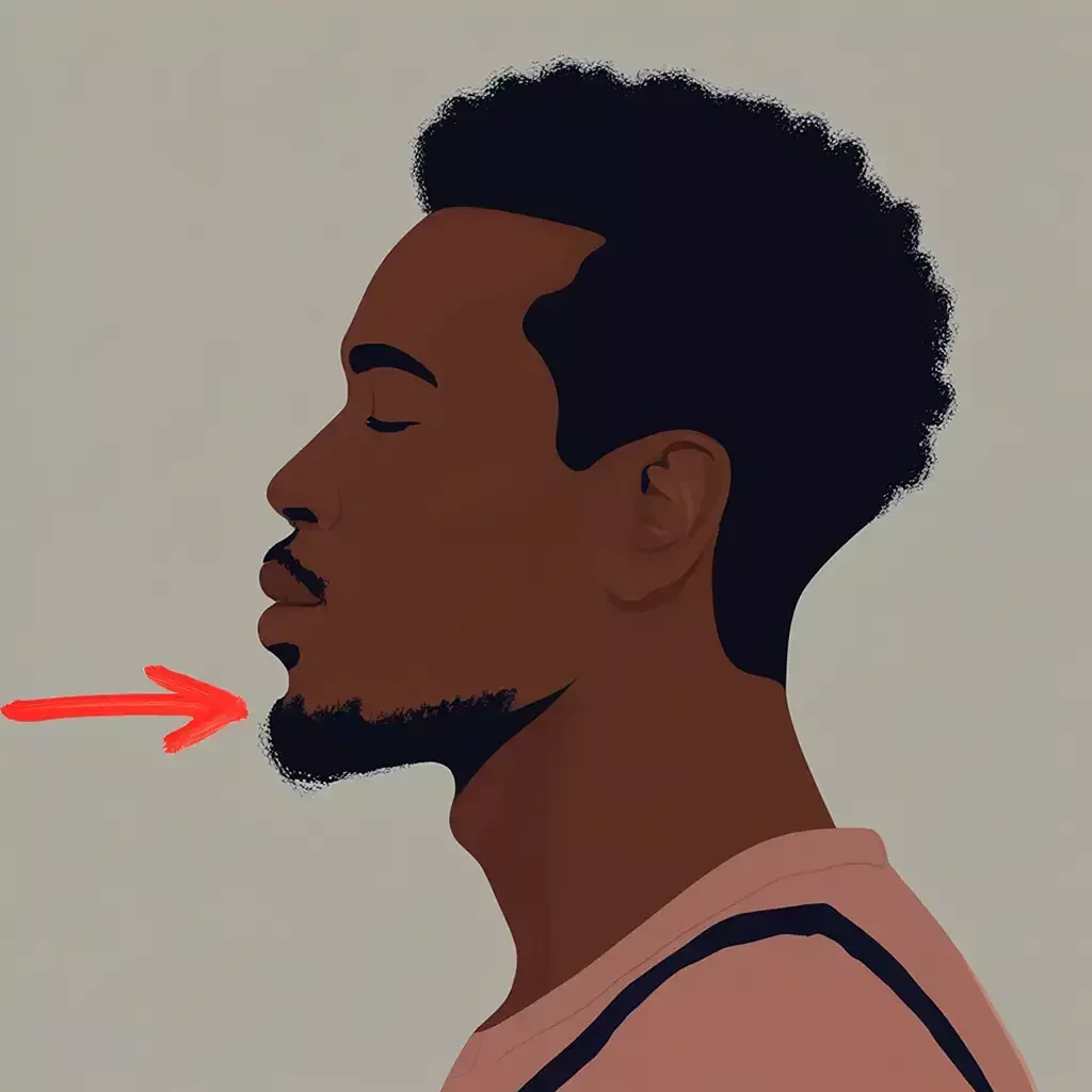 Side-view illustration of a man performing a chin tuck, with an arrow indicating backward movement of the chin.