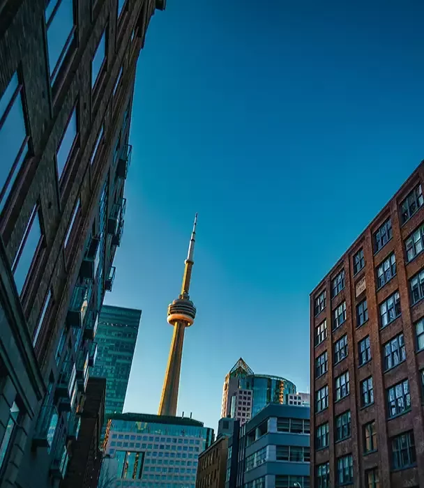 Brick cityscape and blue sky Downtown Toronto.