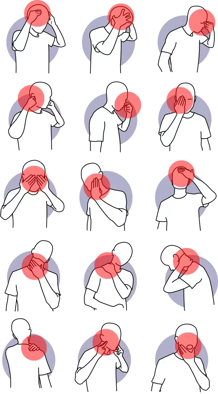Illustration of common headache, neck tension, and facial pain patterns