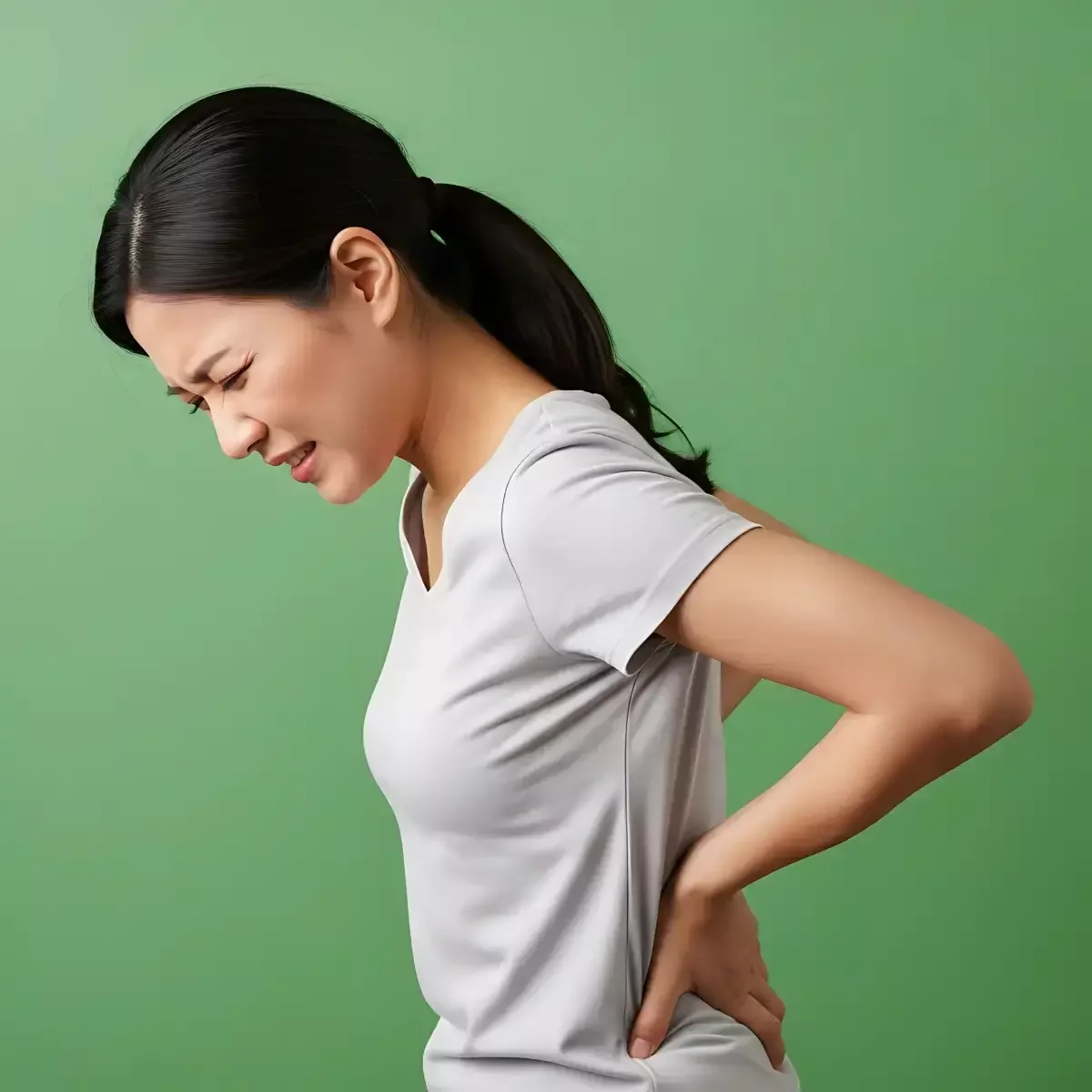Woman holding her lower back while experiencing low back pain.