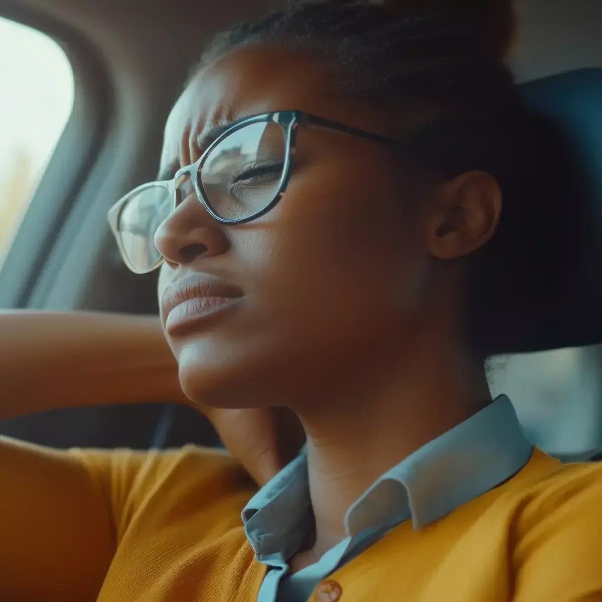 Driver holding the back of their neck in discomfort while seated in a car.